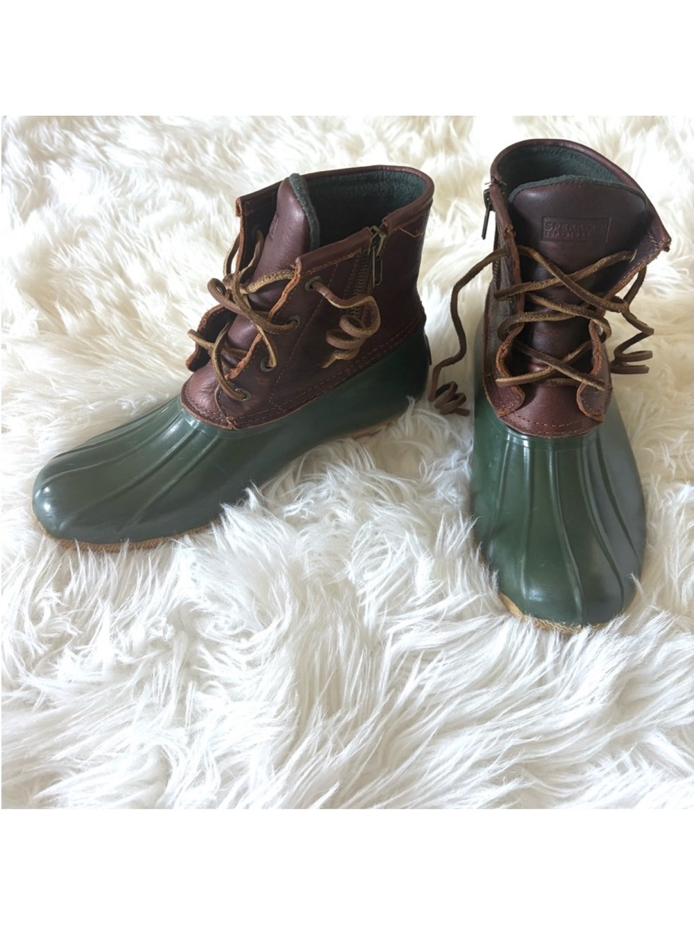 Sperry Green & Brown Duck Boots  Size 8
